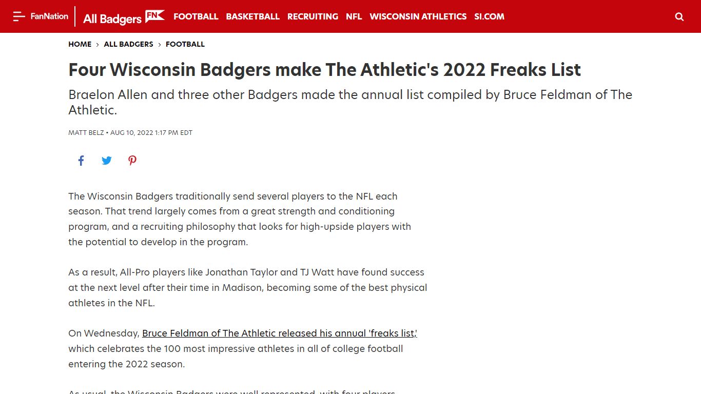 Four Wisconsin Badgers make The Athletic's 2022 Freaks List